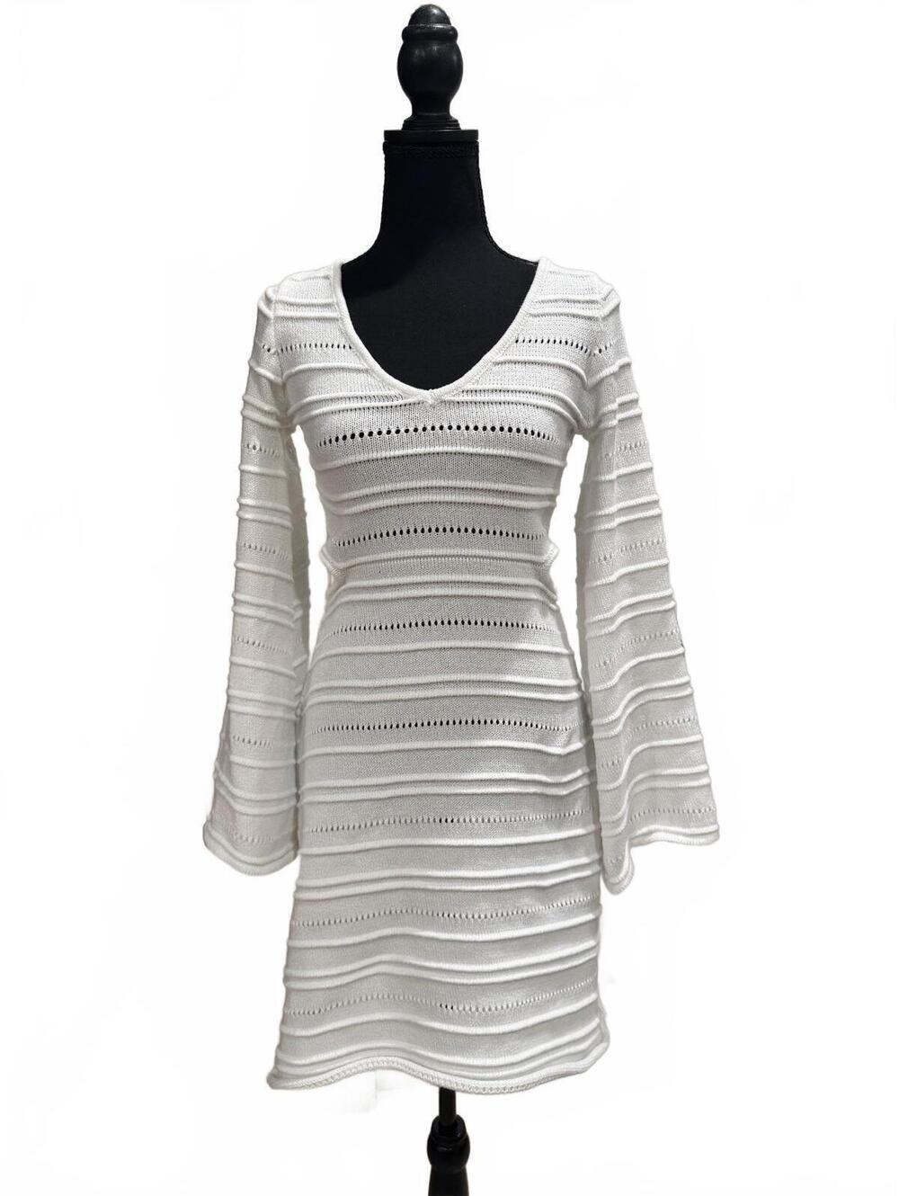 Indikah White Knit Long Sleeve Mini Dress with Cutout Back